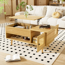 Eleganter Couchtisch mit anhebbarer Tischplatte und Rattan-Türen, Holzfarbe mit schwarzen Akzenten, ideal für das Wohnzimmer – Praktis