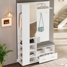 Garderobenset Wandgarderobe, Flurschrank mit Spiegel, Kleiderstange, Schuhbank mit durchbrochenem Regal, 3 Haken, 2 Schubladen und Abla