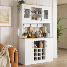 Küchenbuffet Buffetschrank mit Aufsatz 175 cm, Küchenschrank mit Glastüren, Weinregal und Hakenleiste, großer Geschirrschrank Vorratssc
