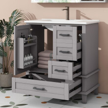 76x46x83,5cm Bodenstehender Badezimmerschrank mit Waschbecken, Waschtisch, Volllackierung, Türregal, drei geräuschlose Schubladen, inte