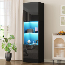 Hochglanzschwarze Vitrine mit LED-Beleuchtung, 1 Glasboden, 45*35*160 cm, Vitrine, freistehende Vitrine, Hochschrank, Lagerschrank