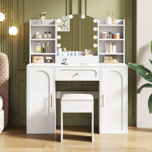 Großer Schminktisch mit verstellbarer LED-Beleuchtung, Spiegel und Hocker. Mit 1 Schublade und 2 Türen. Moderner Stil, Farbe: Weiß. Ide