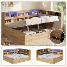 Daybett, Hydraulisches Stauraumbett, Kinderbett 140x200cm, holzbett, Jugendbett, mit USB-Ladestation und LED-Beleuchtung, Naturfarbe