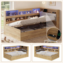 Daybett, Hydraulisches Stauraumbett, Kinderbett 90x200cm, holzbett, Jugendbett, mit USB-Ladestation und LED-Beleuchtung, Naturfarbe
