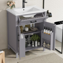 60 x 46 x 84,8 cm Bodenstehender Badezimmerschrank mit Waschbecken,Waschtisch,Volllackierung, Doppeltürregale, praktische Schubladen, v