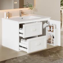 76x46x51cm Badezimmer-Hängeschrank, komplett lackiert, LED-Radarsensor-Beleuchtung, zwei Schubladen, leise Gleitschienen, integriertes