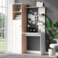 Arbeitstisch/Schreibtisch mit Aufbewahrung – Weiß mit Stabholzkontrast, unterer Schrank mit Türen und oberes offenes Regal, Büro-Desig
