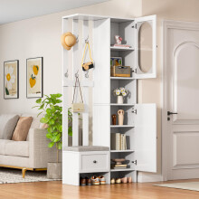 85*33.5*200cm Kompaktgarderoben,Startseite Möbel Mit 2 Schränken,Aufbewahrungsschrank aus gehärtetem Glas, Garderoben-Set Weißer Eingan
