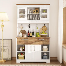 Großer Küchenbuffet Schrank mit Stauraum, Küchenschrank mit Vitrinenfächern, 2 Schubladen, Türen und Hakenleiste – Moderner Buffetschr