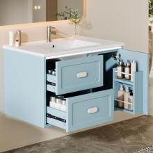 76x46x51cm Badezimmer-Hängeschrank, komplett lackiert, LED-Radarsensor-Beleuchtung, zwei Schubladen, leise Gleitschienen, integriertes
