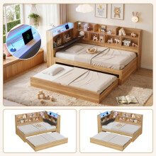 Kinderbett, Stauraumbett 90x200 mit LED-Beleuchtung, USB Ladeanschlüsse und Ausziehbett 90x190cm, Tagesbett, L-förmiges Holzbett, Daybe