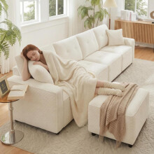 Gerades 4-Sitzer Corduroy Sofa mit Stauraum unter den Sitzflächen, inklusive eines frei platzierbaren Hockers. Farbe: Beige, Maße: B28