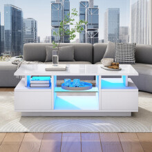 100 x 50 x 36cm Couchtisch mit 2 Schubladen, Hochglänzender LED-Beistelltisch, kaffeetisch mit Offener Lagerraum, Glastrennwand, Teetis