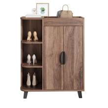 Schmaler Schuhschrank, Doppeltüriger Schuhschrank, Schuhregal mit offenen Fächern, Holzoptik, Mehrzweckschrank für Flur, Kleiner Schuhs