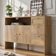 Sideboard, Küchenschrank, Wohnzimmer mit 2 Türen und 3 Schubladen, Schubladenschrank mit Rattan & Goldgriffen, Buffetschrank Kommode fü