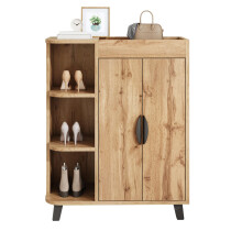 Schmaler Schuhschrank, Doppeltüriger Schuhschrank, Schuhregal mit offenen Fächern, Holzoptik, Mehrzweckschrank für Flur, Kleiner Schuhs