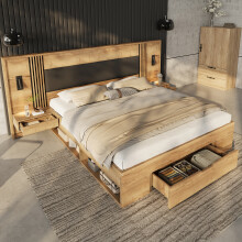 Doppelbett 160*200cm, Stauraumbett, holzbett, Jugendbett, mit Leselampe, mit 2 Nachttische, mit Schubladen, Naturfarbe