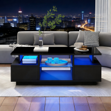 100 x 50 x 36cm Couchtisch mit 2 Schubladen, Hochglänzender LED-Beistelltisch, kaffeetisch mit Offener Lagerraum, Glastrennwand, Teetis