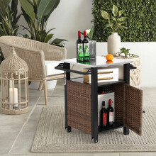 Single door bar cart,Outdoor Kitchen Wicker Island Rolling Cart & Storage Cabinet, Wheels and Stainless Steel Extended Table Top, Side