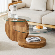 Moderner minimalistischer gehärteter Glas-Couchtisch, mehrschichtiges Design, hochwertiges MDF-Material als Unterstützung, mit natürlic