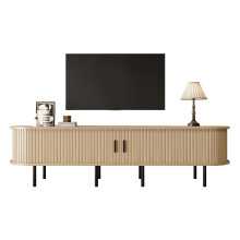Geriffener elliptischer TV-Schrank mit Schiebetüren, 2 offene Fächer, Wohnzimmer-Medienkommode, MDF-Material, Metallfüße, abgerundete E