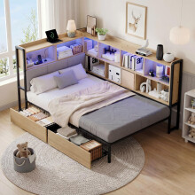 Polsterbett Daybett Schlafsofa 90x200 mit LED-Beleuchtung, USB&Typec-Ladestation, Tagesbett, Jugendbett mit 2 Schubladen und Lattenrost