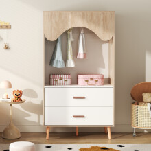 Kinderkleiderschrank, Kleiderschrank mit Kleiderstange, mit Schubladen, offener Kleiderschrank, Vollholzgriffen, aus Spanplatte, weiß+n