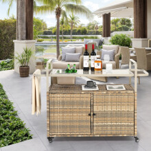 Outdoor Bar Table, Wicker Bar Cart with Cabinet, Patio Serving Cart with steel Top, with one ice bucket,Lockable Wheels, Side Basket fo