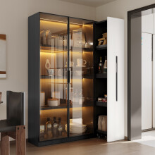 Multifunktionsschrank 110,535160 cm - Vitrine mit Glastür und LED, Seitenauszug, Rollschrank - Design in Weiß und Schwarz, Hochschr
