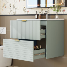61*46*57cm Wandhängender Waschtisch, MDF volllackiert, zwei geräuschlose Schubladen, horizontal und vertikal strukturierte Schubladenfr