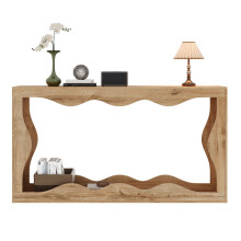 Wellenrand Konsolentisch, 2-stöckiges Regal, Holzoptik Langtisch, Wohnzimmer Deko-Tisch, Flur Regal, Naturkante Desig,Beistelltisch