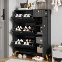 Schuhschrank mit 3 Klappen, 1 Schublade und 1 Tür, Schuhregal, Schuhkipper schmal, Schuhschrank Schwarz. Maße: H 121 cm / B 90 cm / T 2