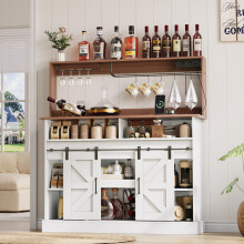 120 cm lange Kaffeebar mit Gläserhalter und Steckdosen (2AC, 2USB), Sideboard mit Stauraum, Sideboard im Landhausstil für Küche/Woh