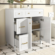 Badezimmerschrank mit Waschbecken 81.7cm- Stehender Badschrank mit Keramikwaschtisch, lackierter Oberfläche, multifunktionalem Stauraum