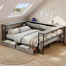 Polsterbett Schlafsofa Daybett 140x200 mit USB&Typec-Ladestation, Tagesbett, Jugendbett mit 2 Schubladen und Lattenrost aus Metall, Bet