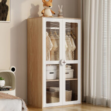 Kinderkleiderschrank Zweiflügelig – mit Bügelstange & verschiebbaren Regalen, Holzgriffe, AcrylTüren, weiße Lackierung + naturfarbenes
