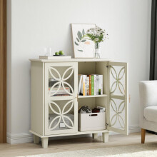 Sideboard mit verstellbaren Einlegeböden, freistehender Badezimmerschrank mit Hartglastüren, moderner Retro-Küchenkonsolentisch, dekora