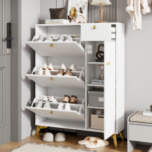 Schuhschrank mit 3 Klappen, 1 Schublade und 1 Tür, Schuhregal, Schuhkipper schmal, Schuhschrank weiß. Maße: H 121 cm / B 90 cm / T 25 c