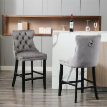 Contemporary Velvet Upholstered Barstools with Button Tufted Decoration and Wooden Legs, and Chrome Nailhead Trim, Leisure Style Bar Ch