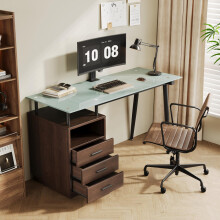 130*50*75cm moderner Schreibtisch mit Glasplatte, Stahlrohrgestell, drei Schubladen und offenem Ablagefach, gehärtetes Milchglas, schwa