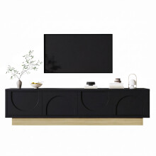 Moderner schwarzer TV-Ständer mit Holzmaserung – 175 cm – Minimalistisches, geschwungenes Design – Viel Stauraum und Kabelmanagement