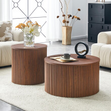 2-teiliges Nesting Couchtisch Set, römische Säule Design MDF Runde Tische mit eingebauter Lagerung, Walnussholz Korn Beistelltische für