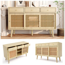 Sideboard, Kommode mit 3 Schubladen und 3 Schiebetüren, Rattangeflecht auf den Türfronten, Beine aus massivem Holz, Golden Metall Büge