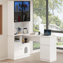Eckschreibtisch mit Regal und LED-Vitrinenschrank 12080180 cm – Schreibtisch mit Kabeldurchlass, 3 Schubladen, 2 Türen, offenen Fä