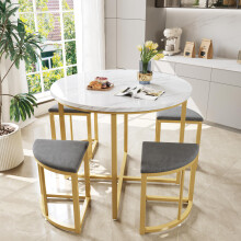 Esszimmertisch-Set mit vier Stühlen,Essgruppe mit MDF-Tischplatte und vergoldeten Eisenrahmen,Samtstuhl,Moderne Luxustische und-stühle,