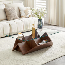 Multi-Storage gehärtetes Glas & MDF Couchtisch, Walnuss Finish Couchtisch mit geräumigen Fächern für tägliche Essentials, modernes Wohn
