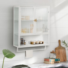 60CM Glass Doors Modern Two-door Wall Cabinet with Featuring Two-tier Enclosed Storage, an Open Shelf, and Towel Rack, for Entryway Liv