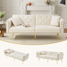 Modernes 2-Sitzer-Schlafsofa – Samtbezug, Rückenlehne mit 3-stufiger Verstellung & vergoldete Metallfüße Stilvolles Sofa mit Schlaffun