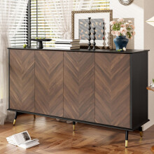 Modernes Sideboard mit Fischgrätmuster – Buffet Schrank mit 4 Türen & höhenverstellbaren Regalen – MDF Holz & Metallfüße – Stauraum