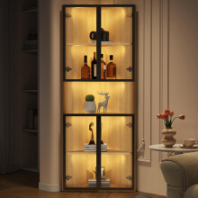 LED-Glasvitrine 62x32x160cm – Außenseite aus Eiche, integrierte Lichtleiste, staubdichter Schrank aus gehärtetem Glas, Eckvitrine mit